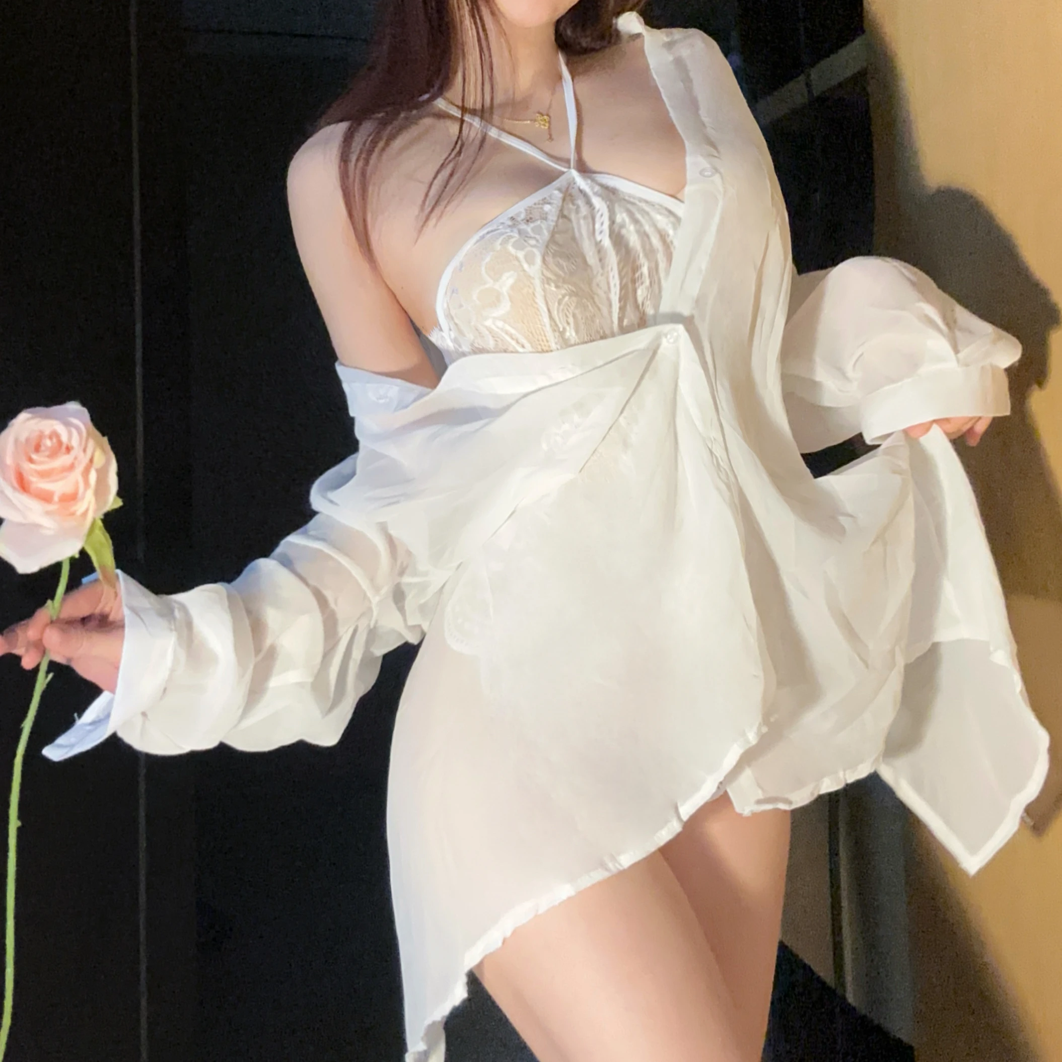 女性用セクシーランジェリー、エロティックなボディスーツ、下着コスチューム、レースランジェリー、メッシュのセクシーなシースルーシフォンローブ、いたずらなランジェリー