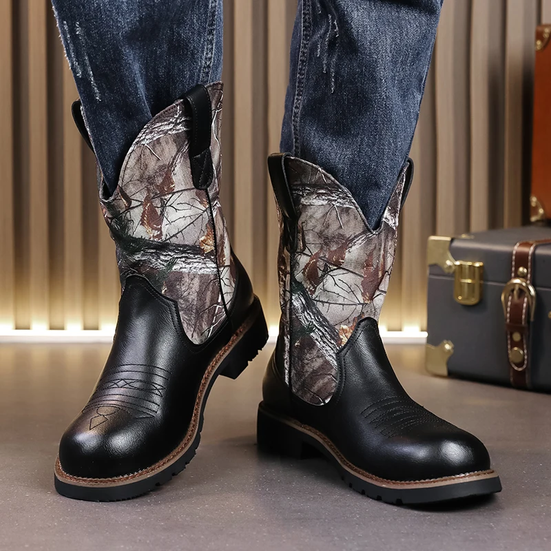 

Men Western Cowboy Boots with PU Splicing Low Heel Fashionable Durable and Sliding Sleeves Men High Top Boots