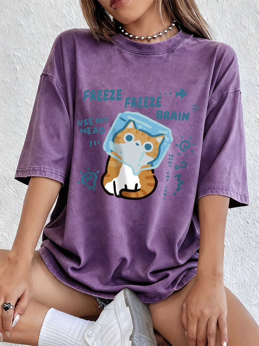 

Freeze Freeze Brain Cat Printing Washed T-Shirts Womens Cotton Oversize T Shirt Casual Short Sleeve Tops Summer O-Neck Clothes