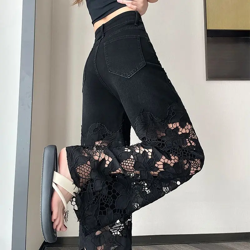 

Black Fashionable Lace Hollow Wide-leg Jeans 769# Summer New Loose Slimming Popular Leg Pants Ins Style