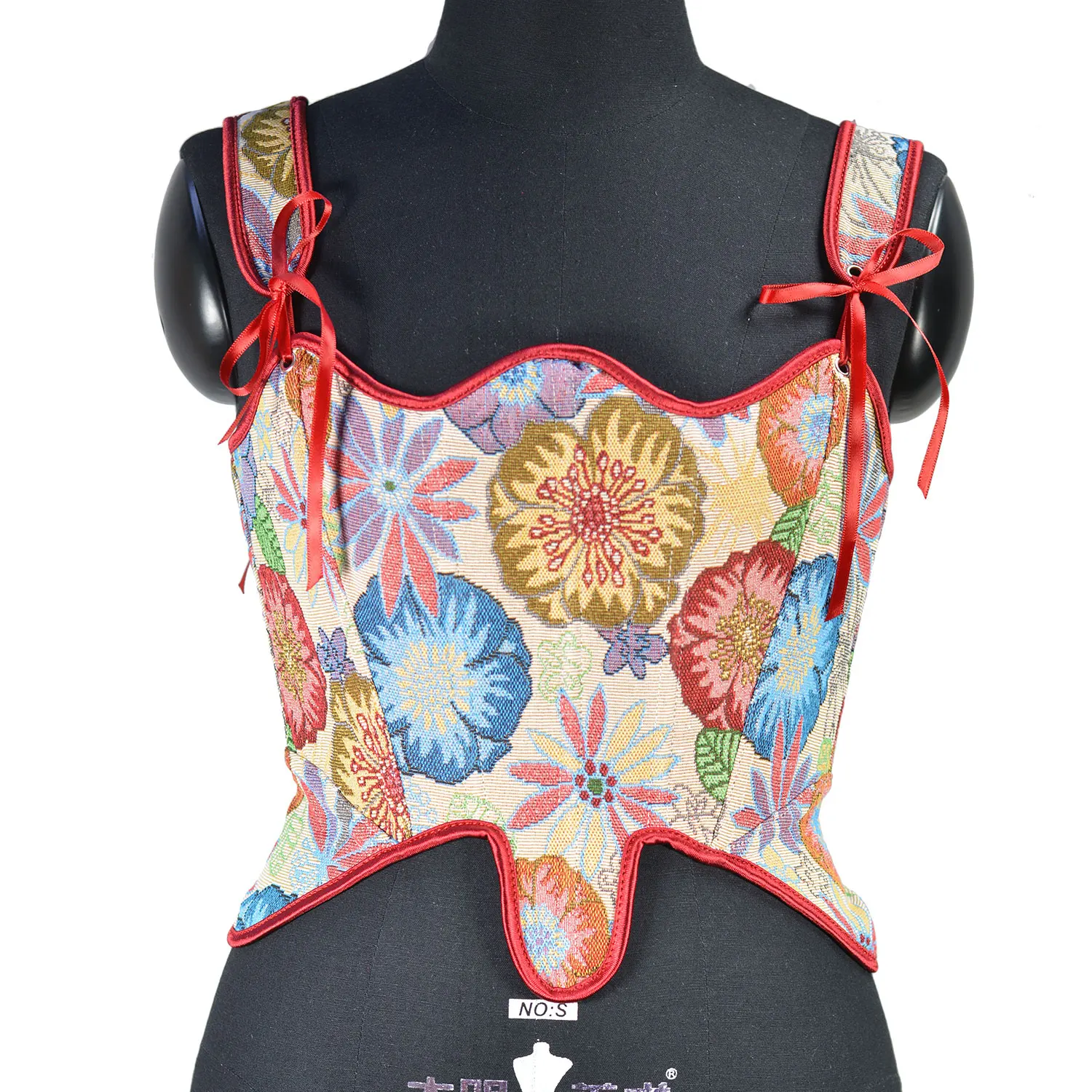 

Women's corset Floral embroidered corset with red trimmed bowknot decorations Lace-up red corset