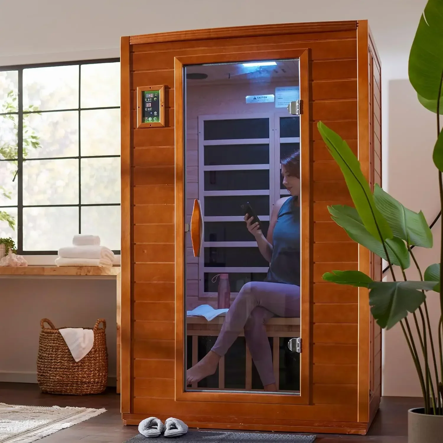 2 Person Low EMF 6 Heating Panel Infrared Therapy Wood Dry Heat Sauna with Bluetooth MP3 Aux Connection for Home Spa Days