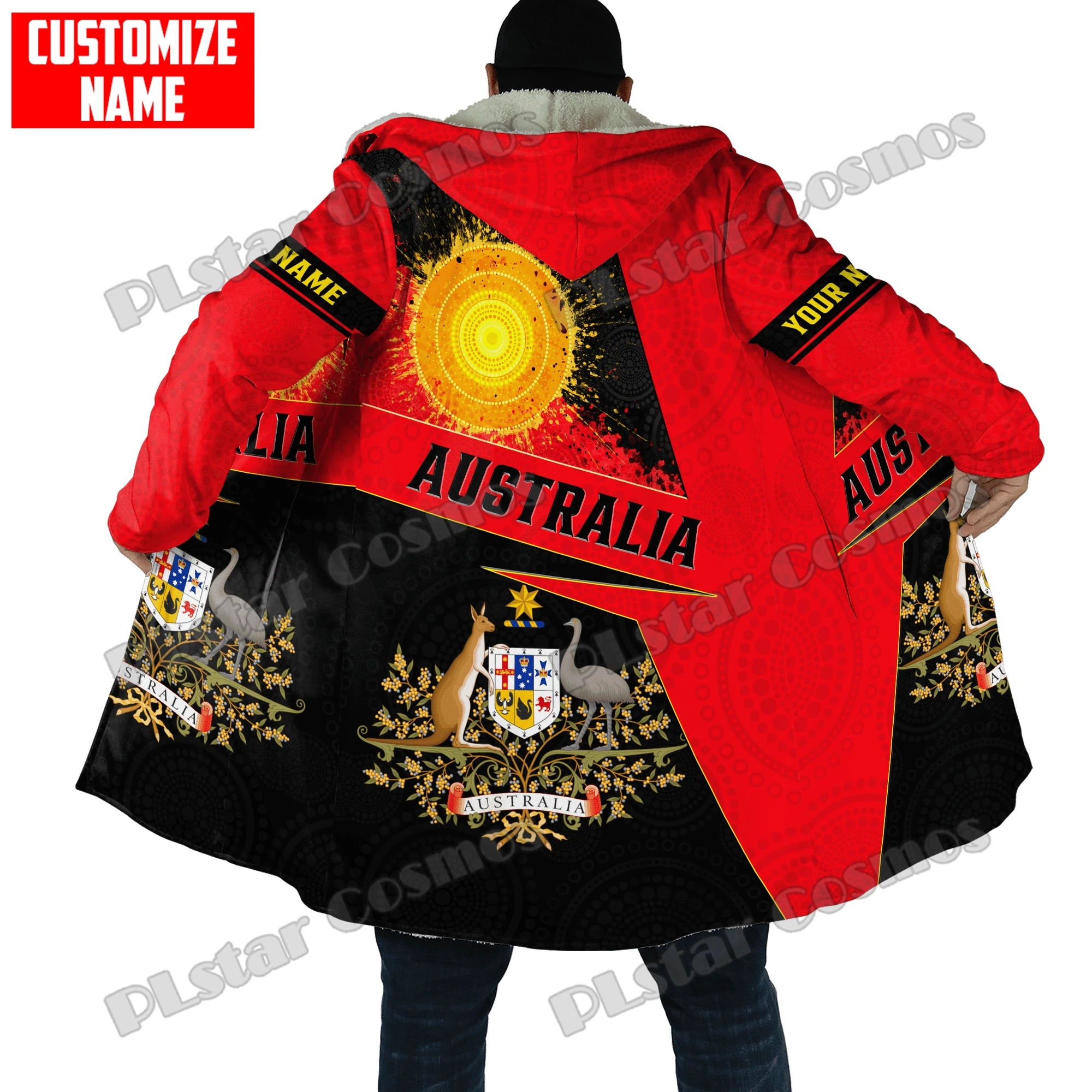 Personalized Aboriginal Lizard Brown Orange Dot Pattern 3D Printed Men's Hooded Cloak Unisex Winter Fleece Warm Cloak coat PZY08