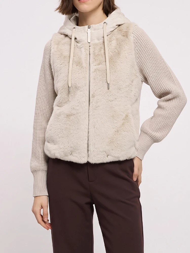 Women's hooded mink fur coat - knitted long-sleeved patchwork - zipper short style - warm and comfortable fall-winter casual top