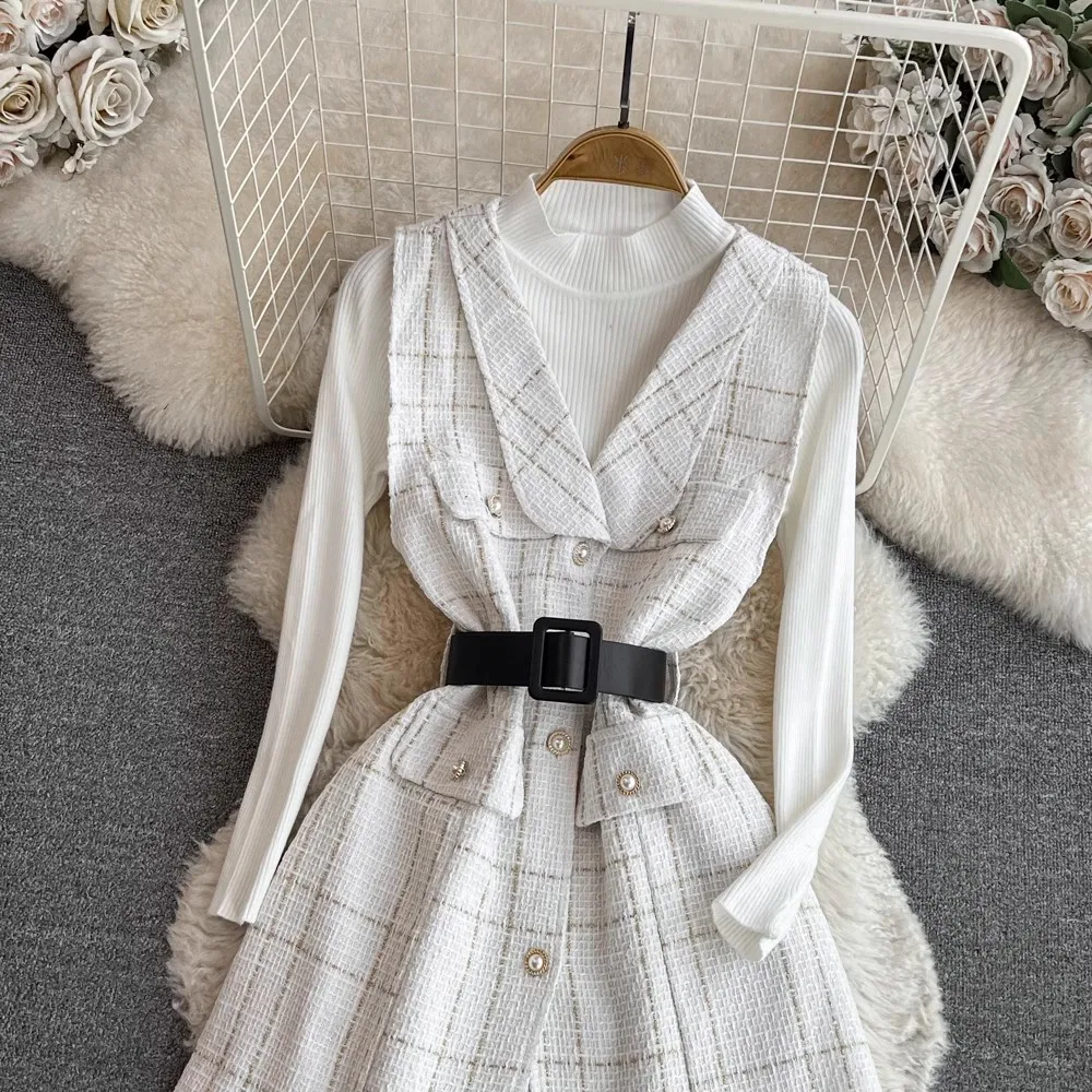 New Fashion Vintage 2 Piece Set Women Winter AUtumn Plaid Tweed Vest Jacket Pearl Button Belt V Neck Waistcoat Knitting Sweater