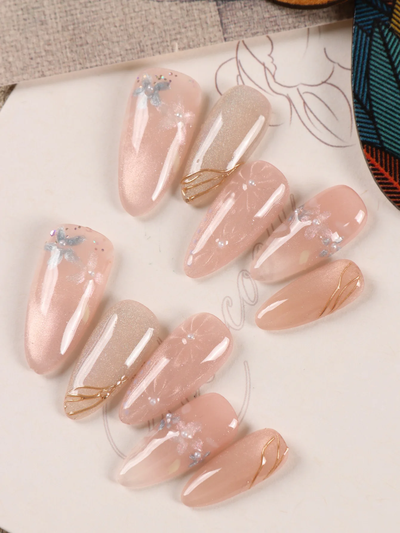 10Pcs Press on Nails  long Blue French-style nail art Fake Nails Includes 1 Sheet Adhesive Tabs & 1 Pc Mini File