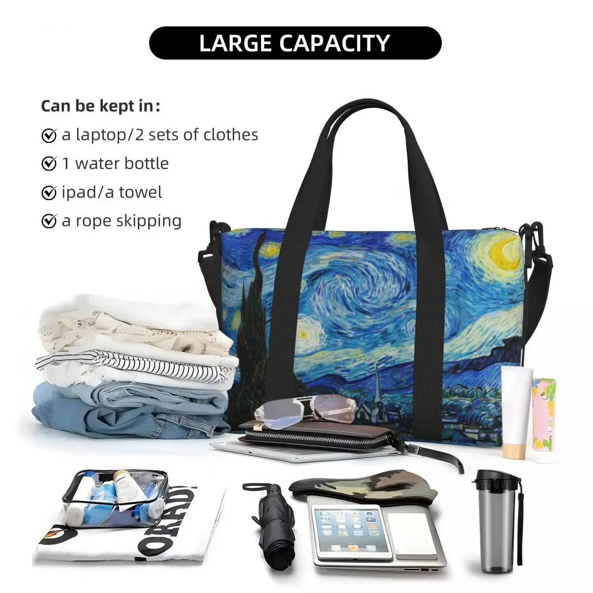 Borsa tote da spiaggia personalizzata Vincent Van Gogh con notte stellata da donna, palestra extra large, borse per la spesa da viaggio con pittura a olio