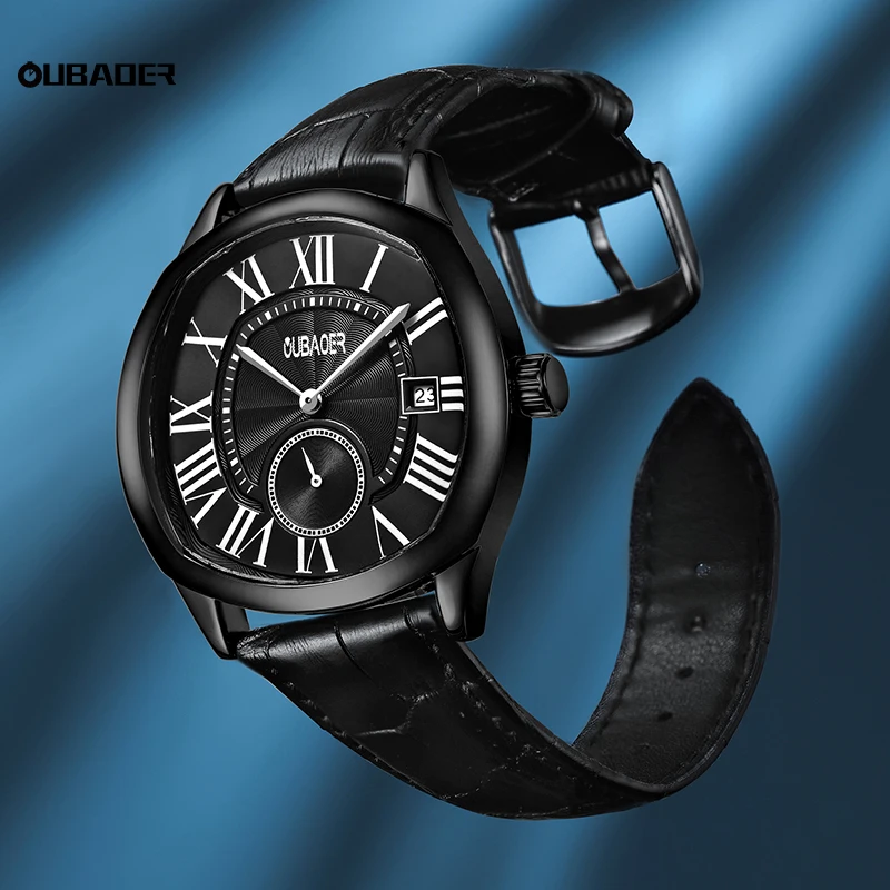 OUBAOER-reloj de pulsera cuadrado para hombre, cronógrafo de cuarzo, con fecha automática, resistente al agua, de cuero, de alta calidad