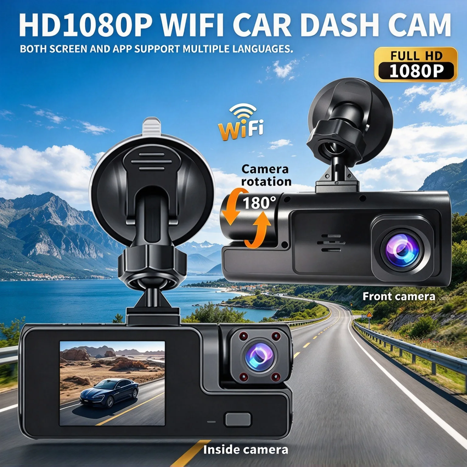 New 3-Channel 1080P Dashcam for cars,Front-Inside-Rear Dash car camera Night Vision,Loop Recording,wide angle Car Dash Cams