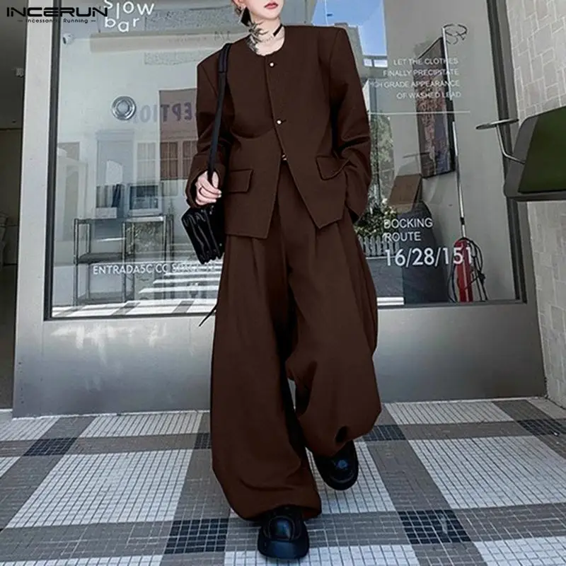 

INCERUN Men Sets Solid Color Long Sleeve Blazer & Pants Two Pieces Sets Loose Elegant Streetwear Fashion Men Casual Suits S-5XL