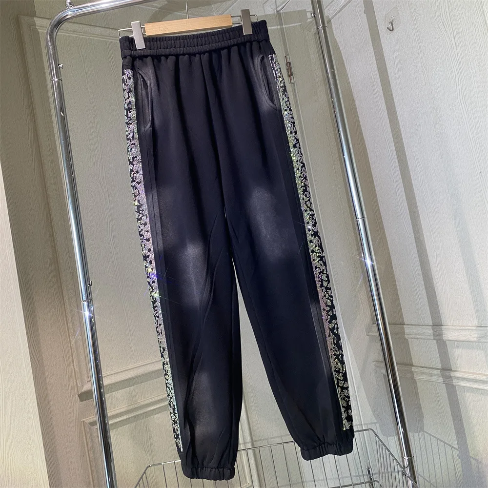 Large Size Women Sports Pants 2025 New Autumn Winter Shiny Hot Drilling Casual Harem Pants All-match Elastic Waist Long Trousers