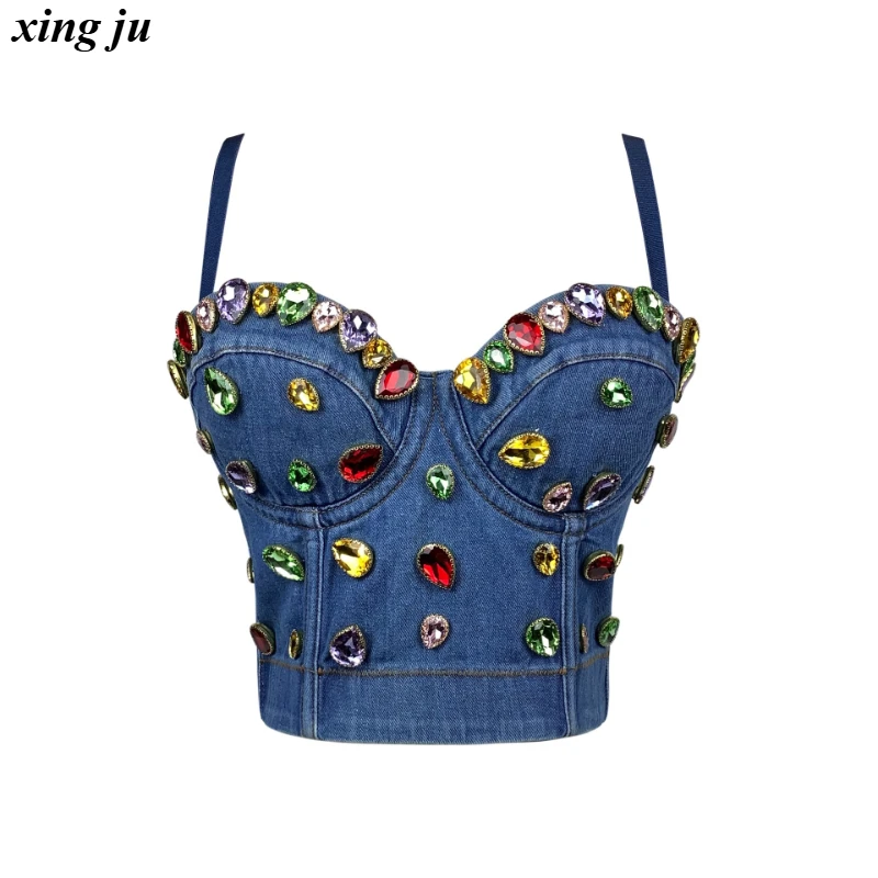 

Xing Ju Nightclub Girls Blue Fishbone Corset Crop Tops Women Jazz Dance Costume Summer Sexy Denim Diamond Vest Stage Show Wear