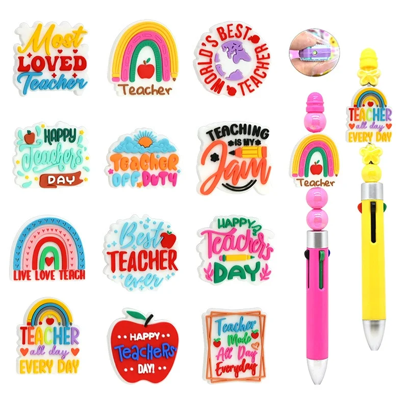 5/10Pcs Silicone Beads Phrase Cartoon Teachers Day Focal Beads Jewellery Making DIY Beaded Pen Keychain Bracelets Accessories