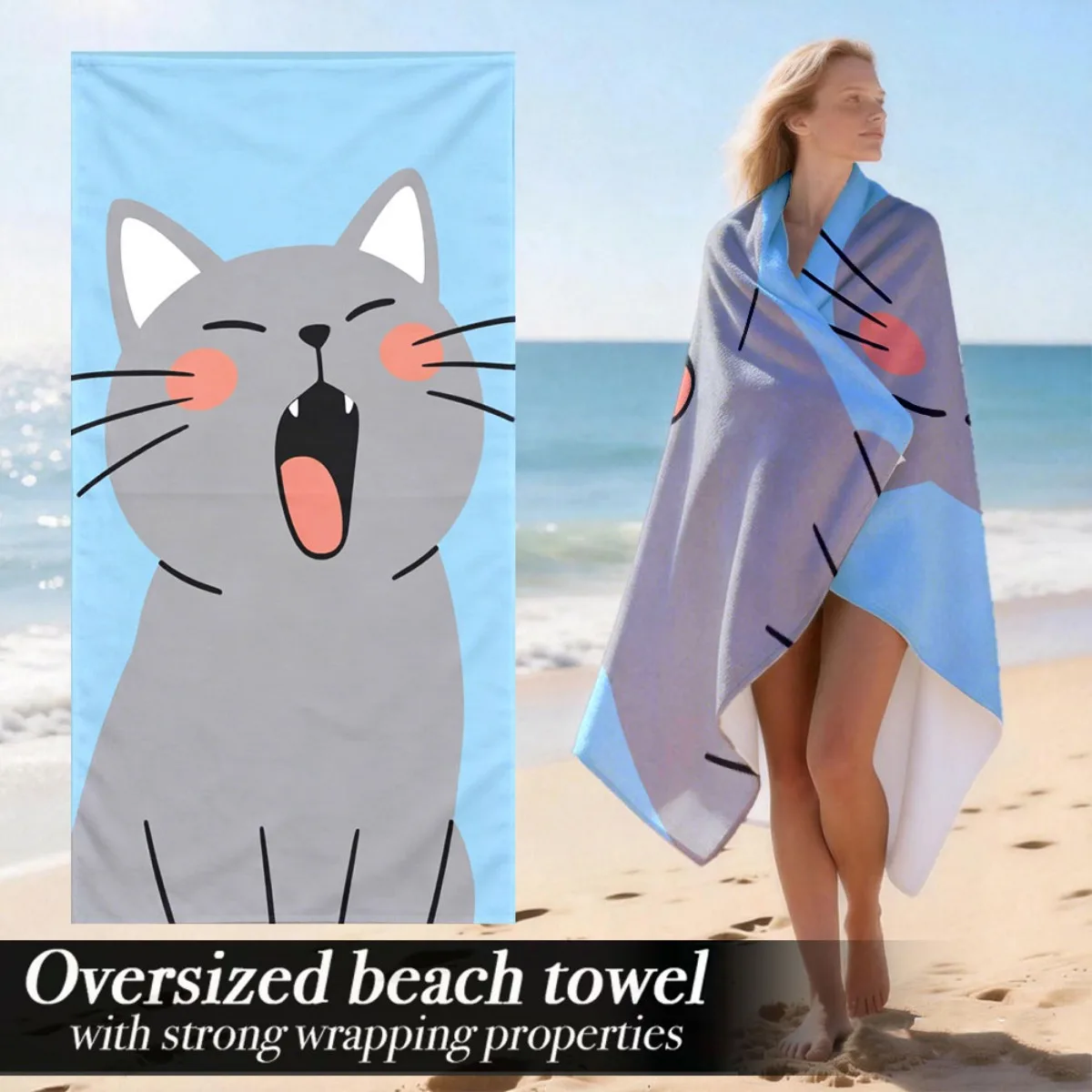 Cute Yawning Cat Oversized Beach Towel Patterned Sunscreen And Windproof Suitable For Swimming Pool Camping Travel Blanket