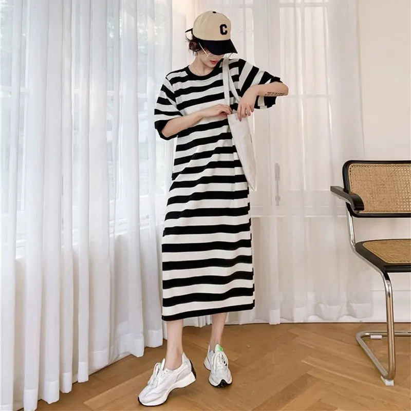 Female Clothing Korean Striped Midi Dress Casual Short Sleeve Summer Loose Round Neck Contrasting Colors Basic Straight Dresses