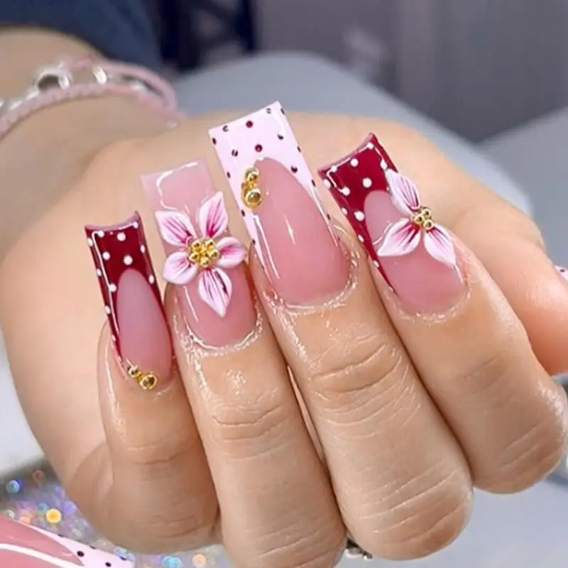 24Pcs Reusable Long Coffin Press On Nails With Cute Floral Pattern And Red Polka Dot Design Perfect For Dating Parties Weddings