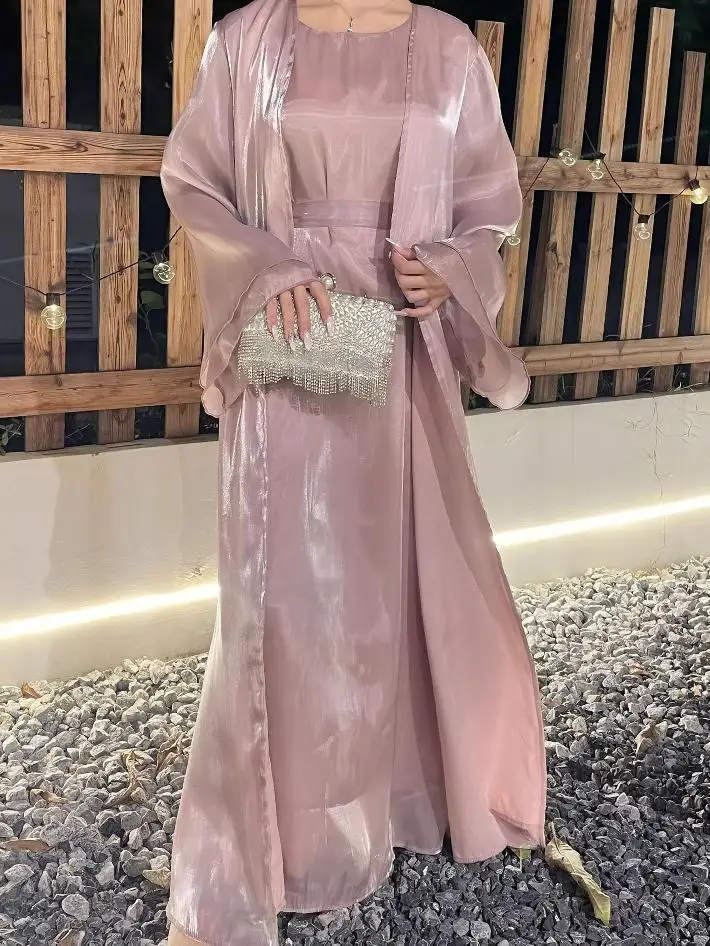Women's Clothing Muslim Long Dress Two-Piece Dress Shiny Silk Robe Abaya Loose Open Cardigan Robe Abaya