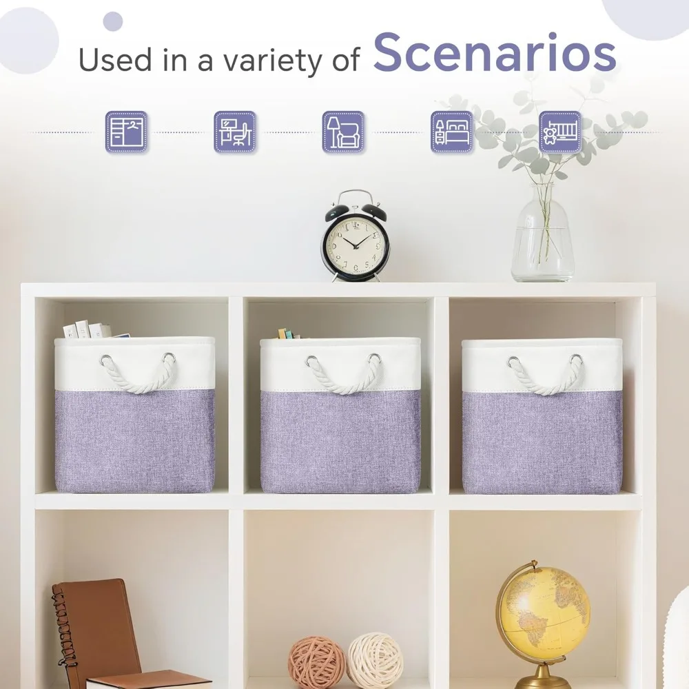 กล่องเก็บของขนาด 11x11 นิ้ว พร้อมหูหิ้วผ้าฝ้าย สำหรับจัดระเบียบเสื้อผ้า ของเล่น และผ้าขนหนู - สีขาวและสีม่วง ชุด 6 ชิ้น