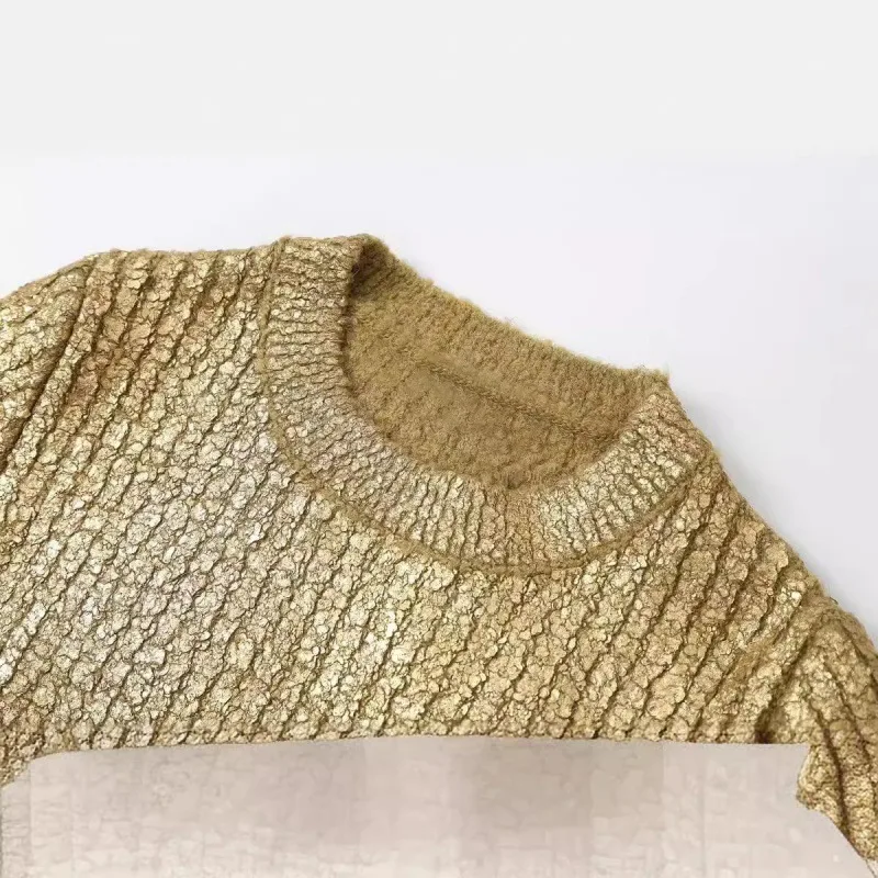 JHJN 우아한 골드 여성의 밝은 실크 풀오버 스웨터 인과 세련된 O 넥 긴 소매 점퍼 가을 여성 패션 니트웨어