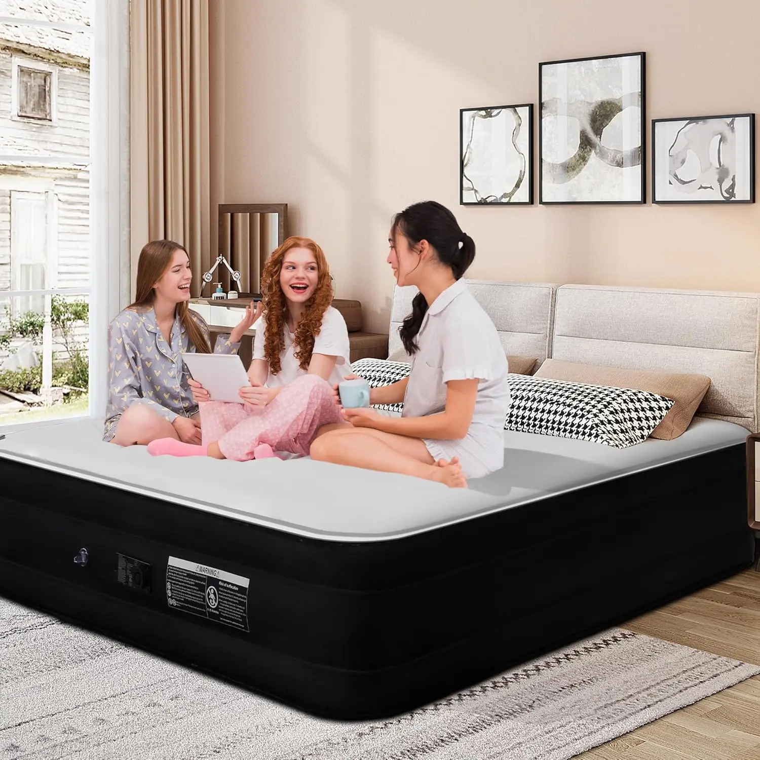 King Inflatable Air Mattress With Built In Pump, 1 1/4"" Thick Foam Topper, With Milk Fiber Top Layer, Coil Beam Support, For