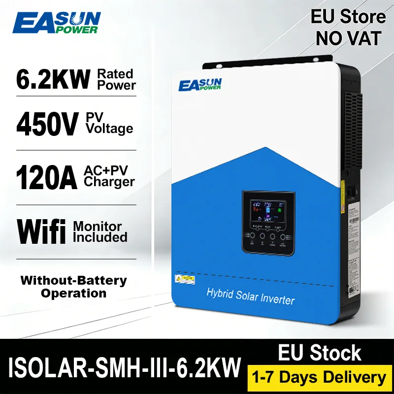 Easun Power 6200W 48V MPPT Hybrid Off-Grid Dual-Output Reiner Sinuswellen-Wechselrichter 120A 230V 50/60Hz Solar-Wechselrichter-Ladegerät mit BMS WiFi