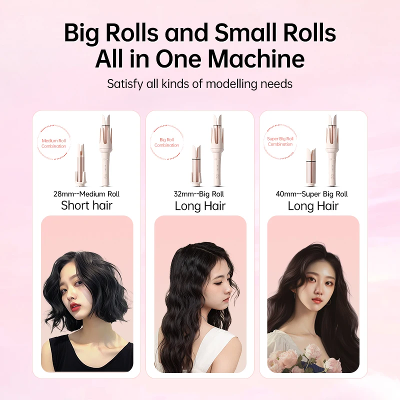 Automatic Curling Iron 3 in 1 Negative Ion Hair Curler Interchangeable Barrels Auto Rotation 3 Heat Settings Salon Styler