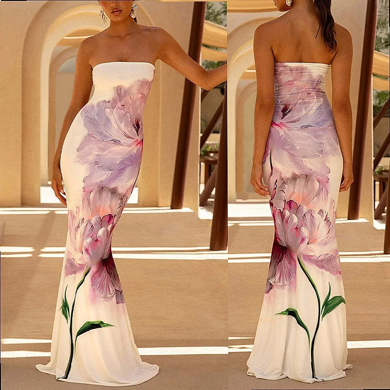 Printed Bodycon Off Shoulder Backless Long Fishtail Evening Dress Summer Spring Jumpsuit Playsuit
