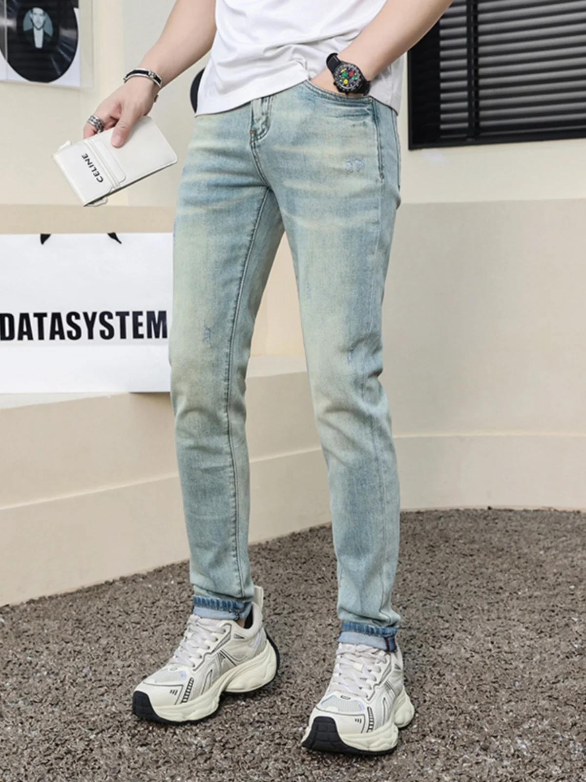 

Retro Slim Fit Men's Jeans Lightweight Elastic Casual Cotton Stretch Denim Pants mid Waist Five kets Wear Resistant Summer