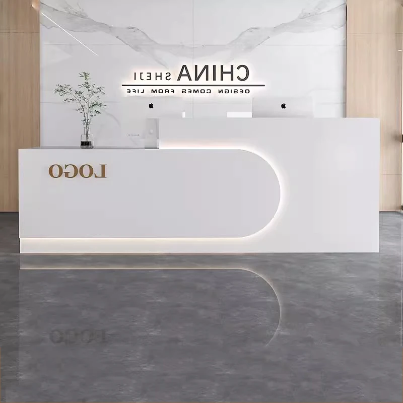Braune Luxus-Empfangsschreibtische mit Stauraum, günstiges Design, moderne weiße Empfangsschreibtische, Schublade, klassische Empfangs, Tresen-Büromöbel
