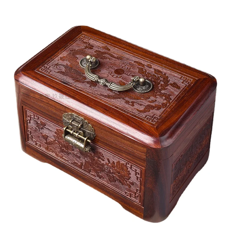 Handmade Rosewood Jewelry Box with Lock Ring Necklace Jewelry Vintage Solid Wood Storage Box Wedding Dowry Box