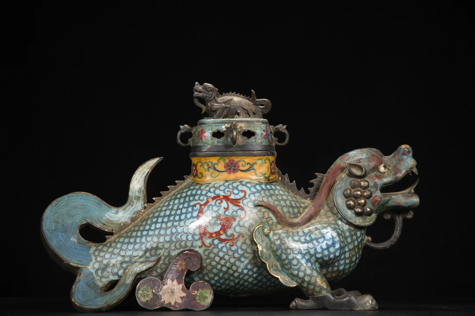 

9"Xizang Folk Old Bronze Cloisonne Enamel Flower Texture Chiwen Kiss Fish Dragon Statue Incense Burner Amass wealth Ornaments