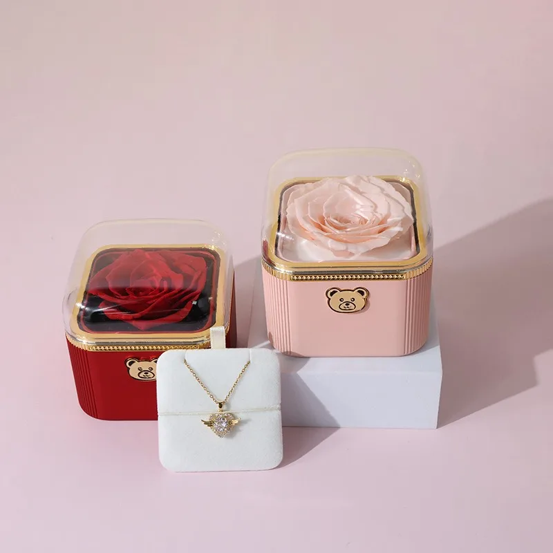 Surprise Gift Jewelry Box - Automatic Flip Rose Scented, Bear Button Plastic Spray Paint Rectangle for Her Birthday - view 3