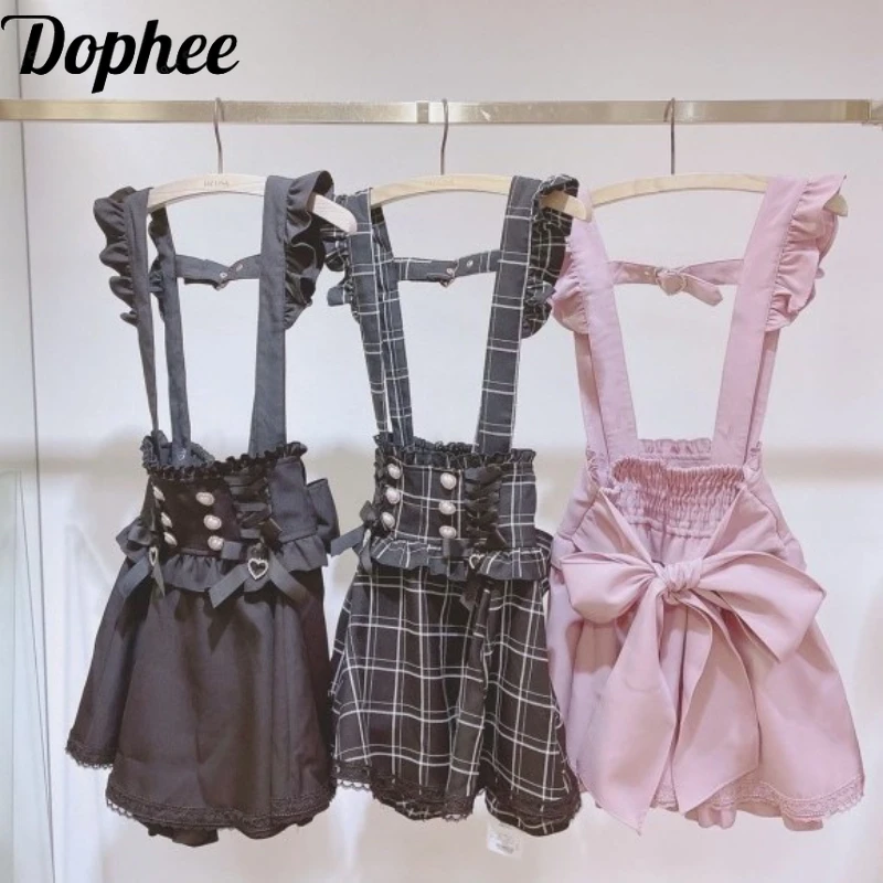 Dophee Japan Style Ribbon Bow Love Buckle Elegant Strap Skirts Women Lolita All-match High Waist Short A-line Y2K Gothic Skirt