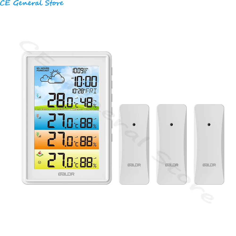 Wireless Weather Station Digital Temperature Humidity Meter Colorful Barometer Forecast Moon Phase Alarm Clock With 3 Sensors#20