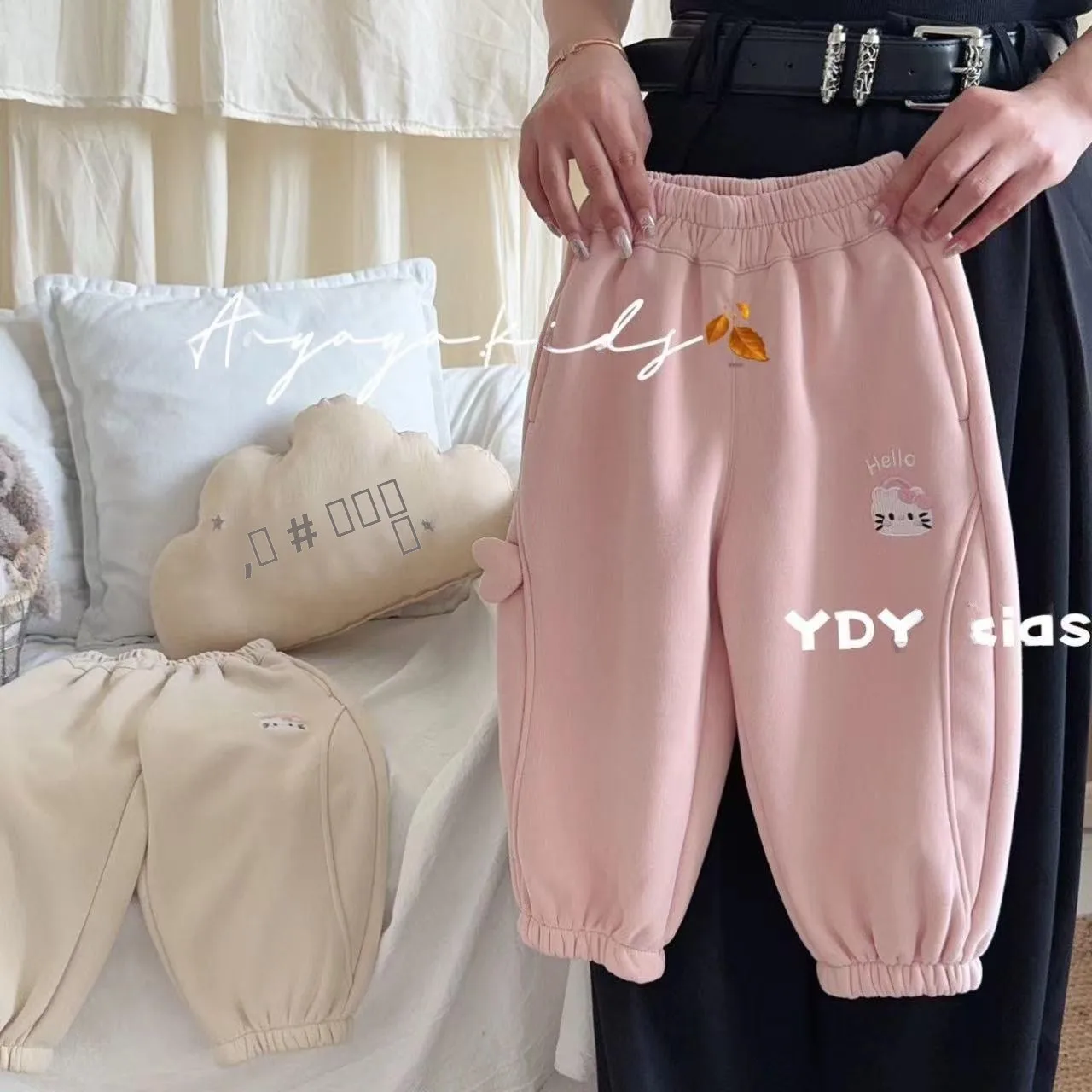 

Модные спортивные брюки для девочек, весенне-осенние утепленные длинные брюки в корейском стиле с мультяшным дизайном, универсальная детская одежда