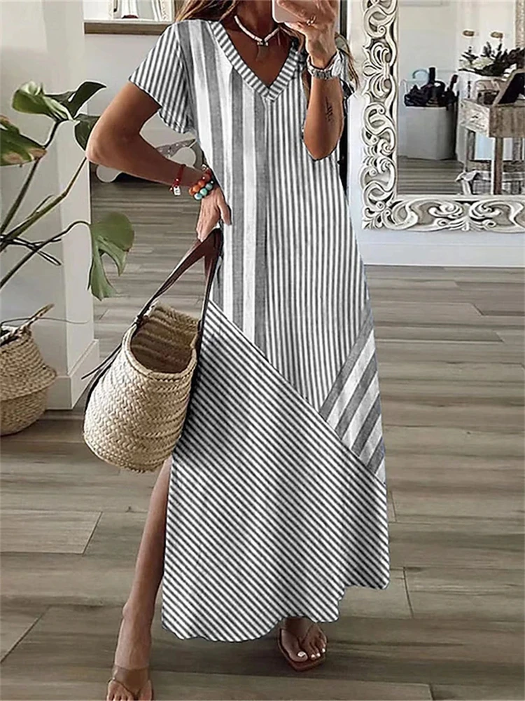 Simple Fashion Women's V-neck Dress Striped Print Women's Dress Summer Loose Comfortable Slit Women's Short-sleeved Dress