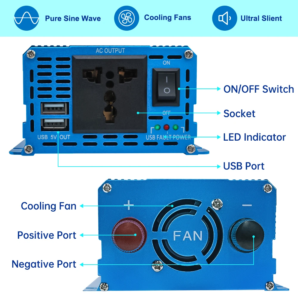 순수 사인파 컨버터 어댑터, 12V 자동차 인버터, DC12V ~ AC220V, 2200W 전압, 고전력 자동차 공급, 휴대용 인버터