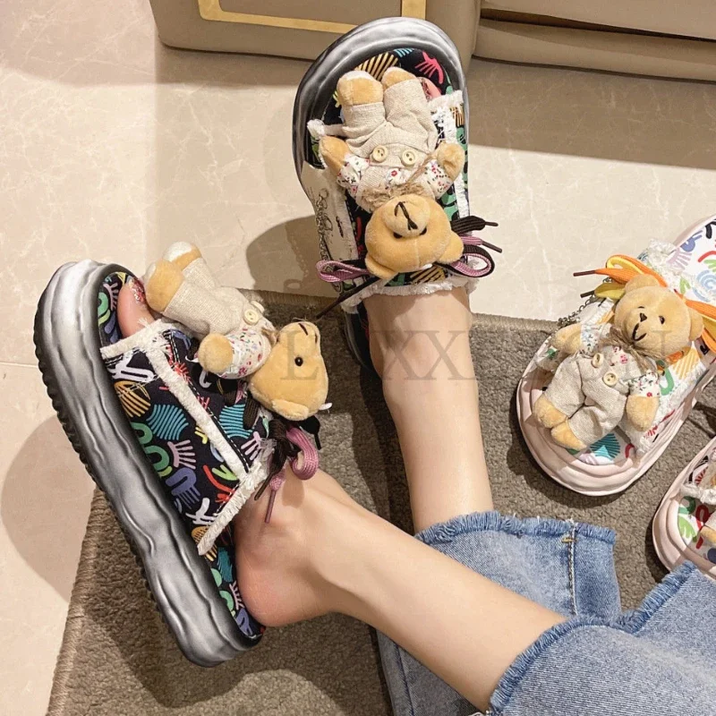 Design Summer Women Graffiti Slippers Platform Shoes Mules Flip Flops Street Sandals Clogs Flat Casual Shoes For Female