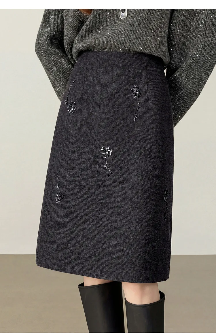 SENTUBILA Damen-Rock 2025, Bürodamen-Wollmischrock mit Pailletten und Perlen, mittellanger Rock, Winterkleidung für Damen 154QF6318 – Detail 25