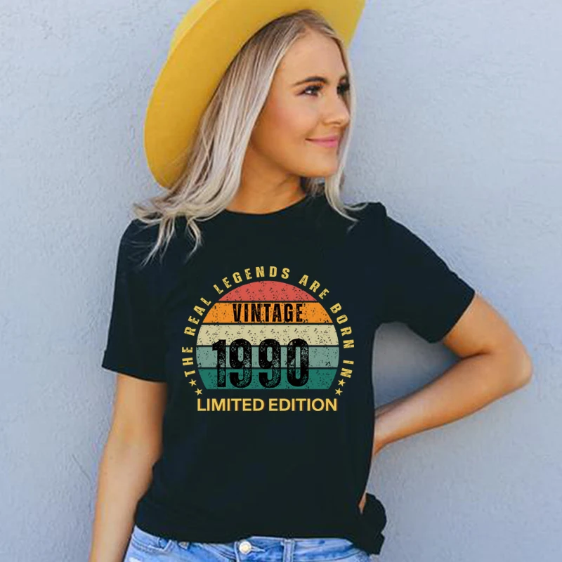 

Cotton Vintage Women T Shirts The Real Legends Are Born in 1990 Limited Edition 34th 34 Years Old Birthday T-shirt Loose Tops