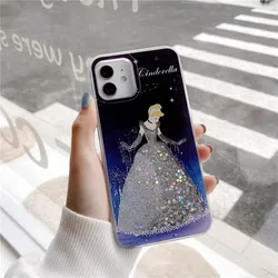 Luxury Pink Love Heart Bling Glitter Disney Cinderella Princesses Quicksand Case for iPhone 15 14 13 12 11 Pro Max Cartoon Cover