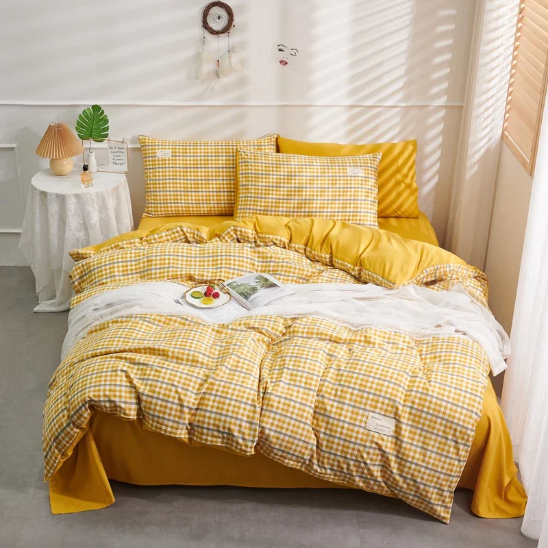 Fashion Bedding Set Nordic Double Bed Linens Queen Size Duvet Cover Pillowcase with Classic Grid Flat Sheet for Kids & Ad