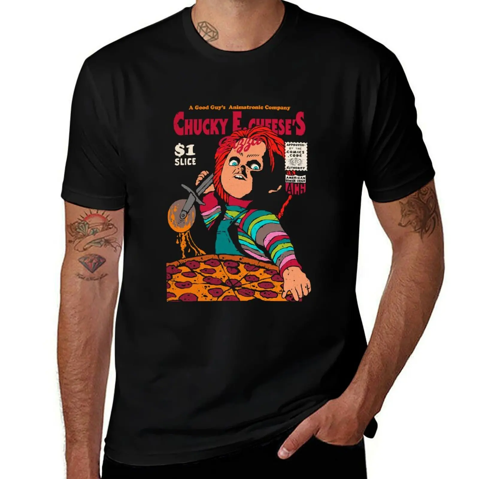 

Chucky pizza cover T-Shirt Sports Casual Short Sleeve Cotton Tee