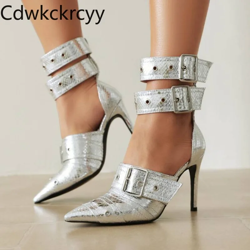 Frühling und Herbst Mode neuen Stil silbrig sexy Nachtclub Party spitze Spitze Metallschnalle Dekoration High Heels Damenschuhe