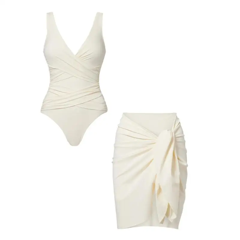 Flaxmaker Women Summer Solid Color Swimsuit Set Ladies Sexy V Neck Party Swimwear Elegant Bathing Suit Biquini conjunto de