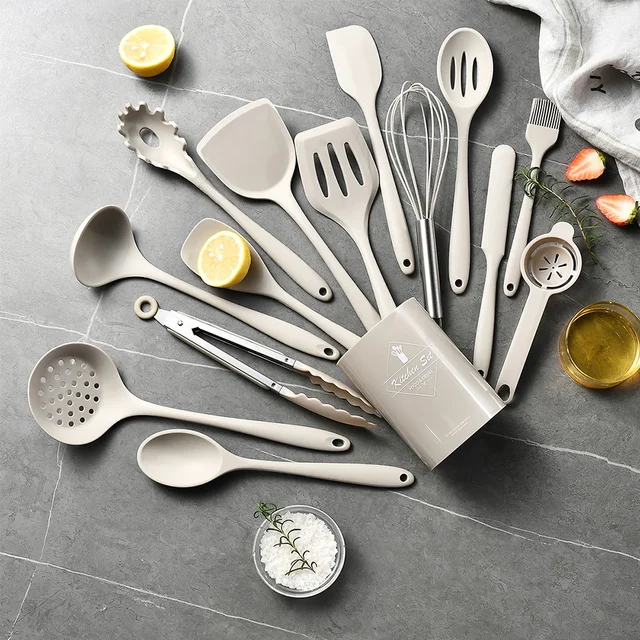 15Pcs Khaki Food Grade Silicone Kitchen Cookware Utensils Turner Spatula Soup Spoon Practical Cooking Tool Kitchenware Set