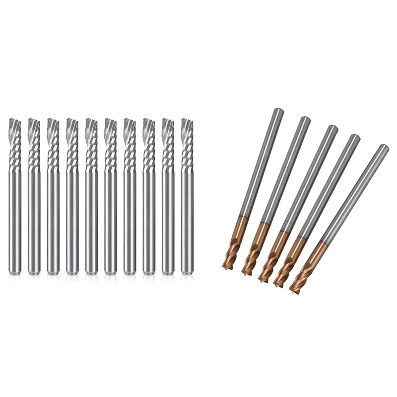 

5 Pcs 3mm Solid Carbide Endmills Endmill D3X8XD4X50L & 10 Pcs CNC Router Bits 1/8 Inch Shank Spiral Upcut Router Bit