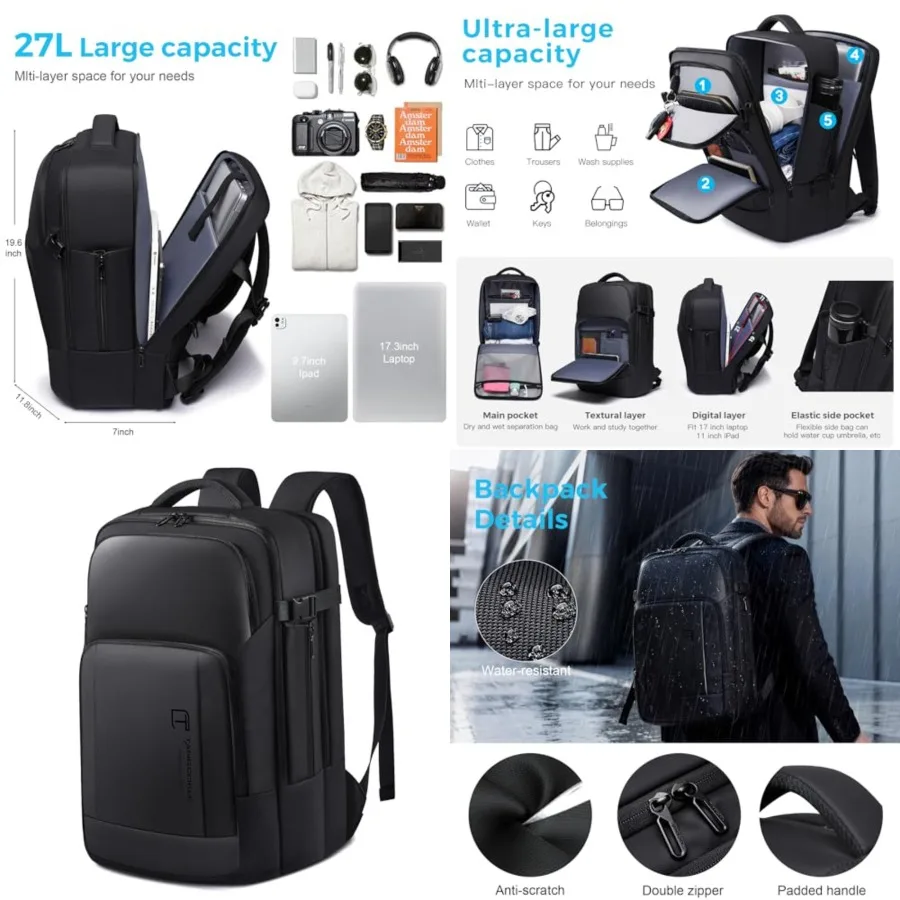 

Travel Backpack for Men, 17.3 Inch Business Laptop Backpack Water-Resistant Carry on Airline Approved 18x14x8 Luggage Backpack