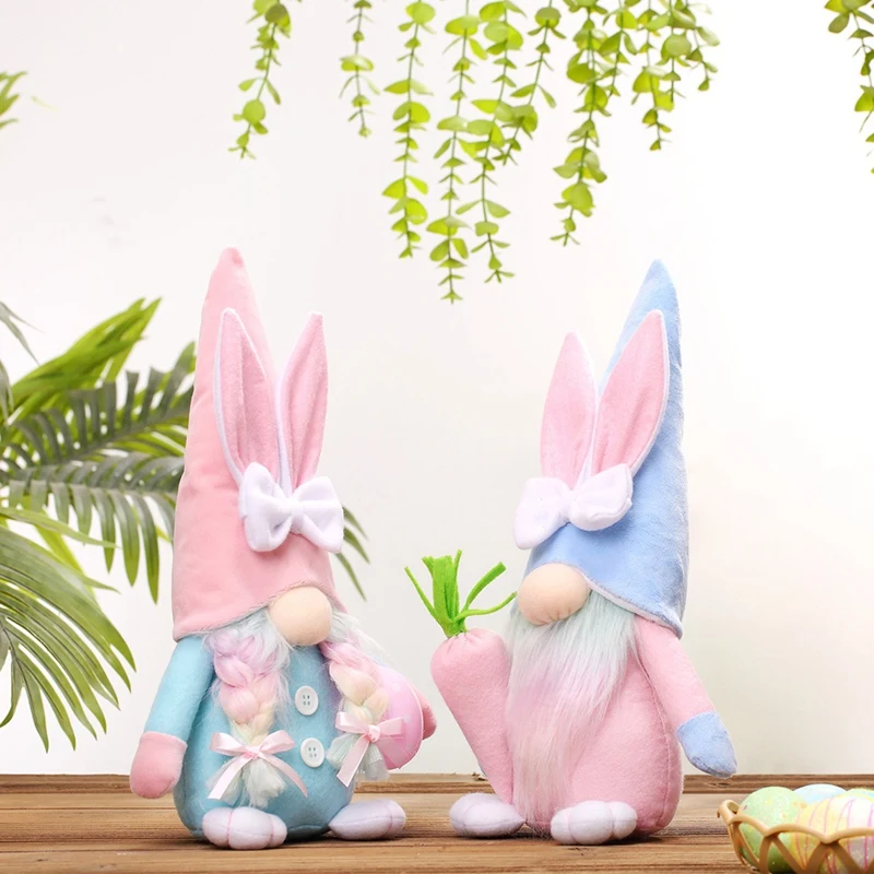 Easter Gnome Bunny Kit - 2Pcs Handmade Swedish Tomte Plush Rabbits Set With Easter Egg And Carrot, Suitable As Easter Decoration image 3