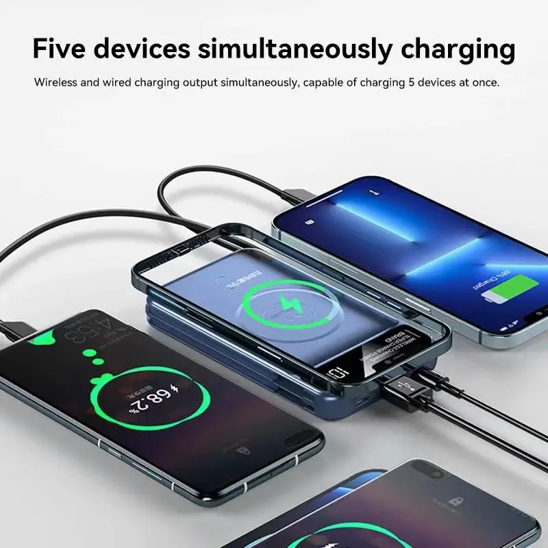 Power Bank nirkabel magnetik 50000mAh, pengisi daya baterai portabel isi daya cepat dengan 2 kabel bawaan untuk iPhone Huawei Samsung xiaomi